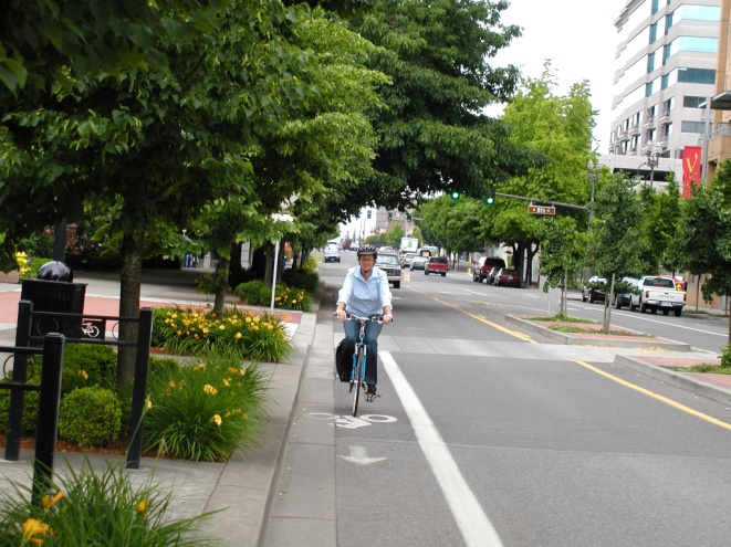 Man riding a bike in a dedicated bike lane.