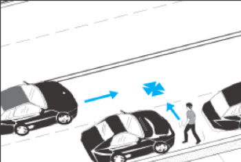 Illustration of a Pedestrian walking into the roadway, in front of stopped or slowed traffic, and into the path of a vehicle in the adjacent lane.