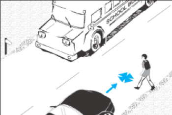 Illustration of a Pedestrian having a difficult time crossing, waiting, or walking in the vicinity of school bus stop.