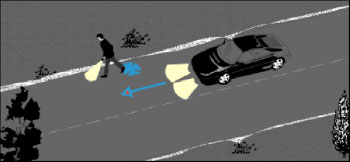 Illustration of A pedestrian walking along the roadway during dark, unlit conditions, in the same direction as vehicular traffic, and was struck from behind by a vehicle.