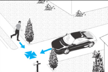 Illustration of A vehicle striking pedestrian while exiting a driveway or alley.