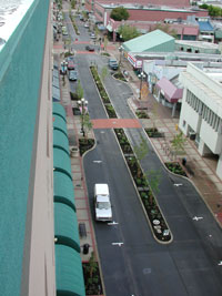 The new Broadway with 10 ft lanes, median islands, and parking bays.