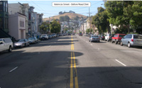 Valencia Street before the road diet, with two travel lanes and a parking lane in each direction.