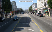 After picture of Valencia Street, with one travel lane in each direction, a center left-turn lane, bike lanes, and parking lanes.