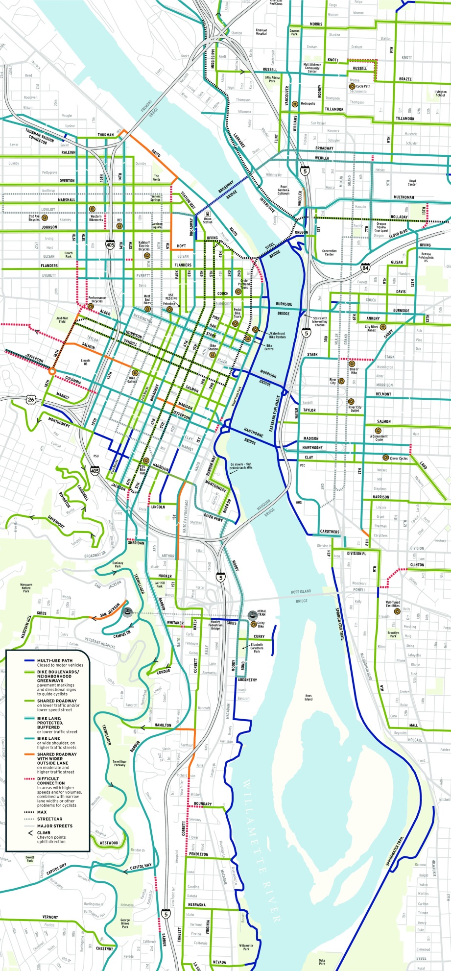 A map of key Portland Bridges.