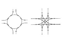 Diagram of conflict points at roundabout and conventional four-way intersections.