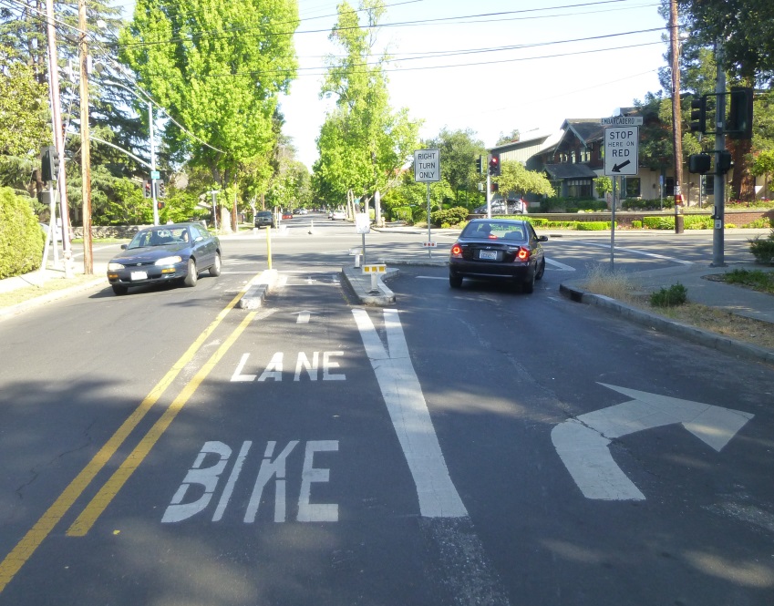 At Bryant Street and Embarcadero, cars must turn right, while bicycles are allowed to travel through the intersection.