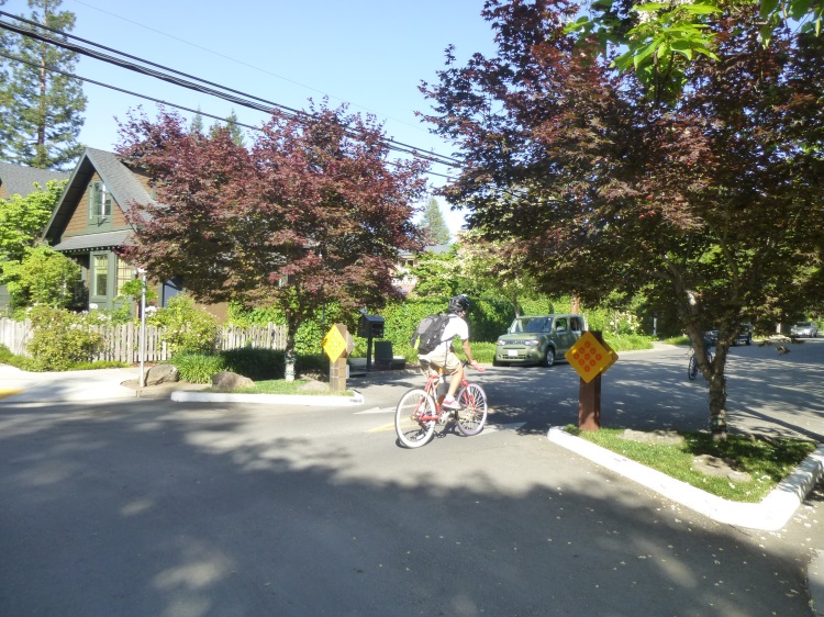 A bicyclist traveling through diverters on Bryant Street.