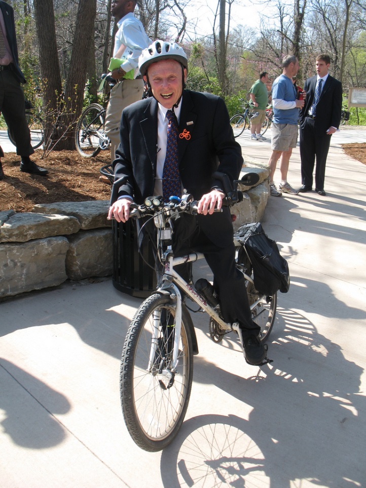 Former mayor Darwin Hindman prefers to make trips by bicycle.